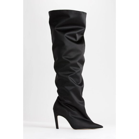 Good American Black Satin Over the Knee Slouchy Stiletto Boots Sz 5.5 Pointy Toe - Picture 1 of 10
